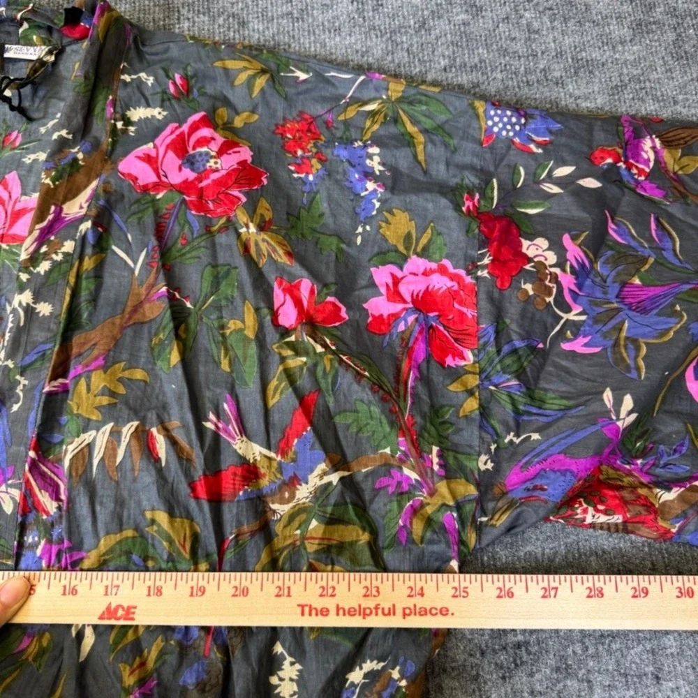 Sevya Handmade Floral Bird Print Cotton Robe Duster Gray Pink One Size Long